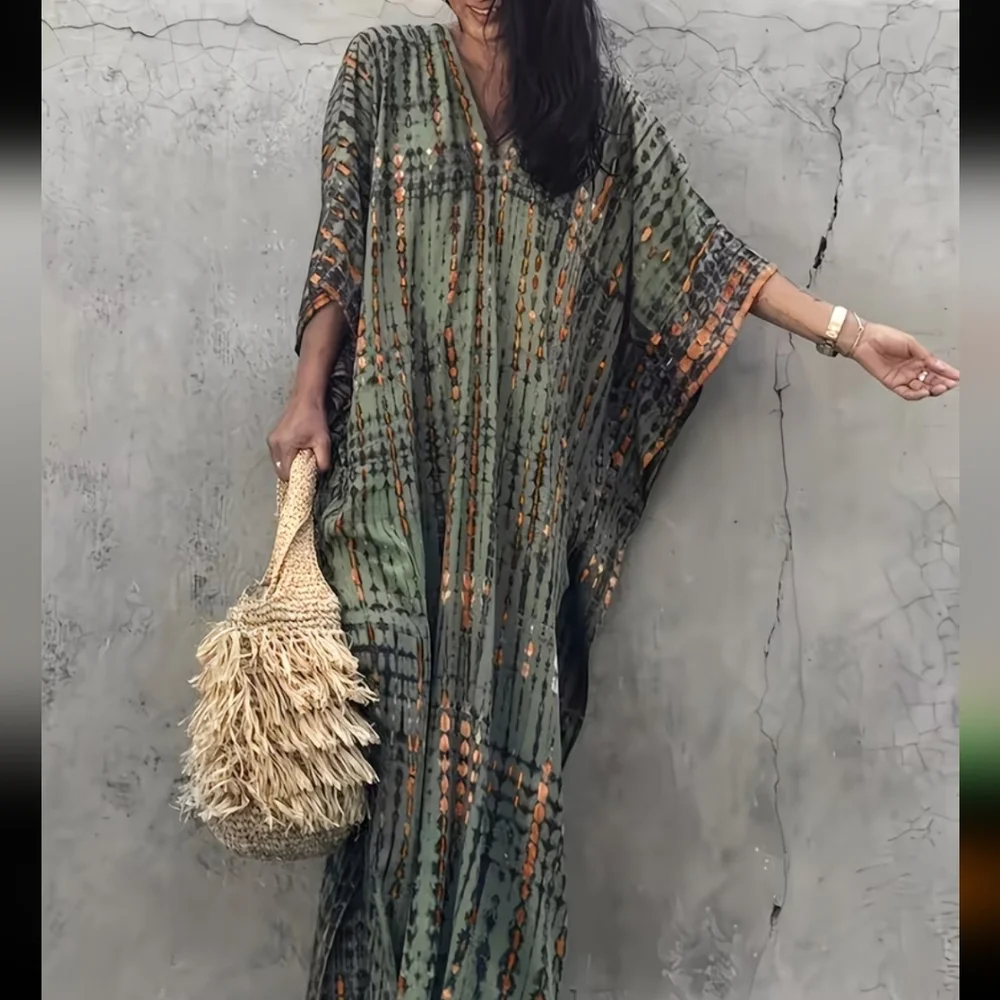 Olive & Orange Pattered Kaftan Beach Cover Up One Size - Picture 2 of 5